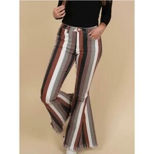 Blushing Brunette Pants Womens Large Striped Bell Bottom Stretch Frayed Hem